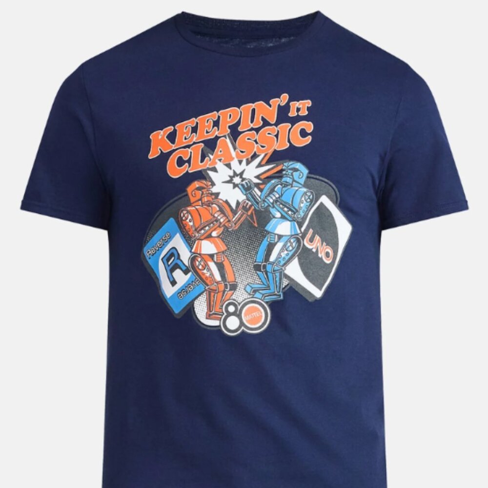 NEW Mattel 80th Anniversary Graphic Tee Rock Em Sock Em Robots UNO Shirt